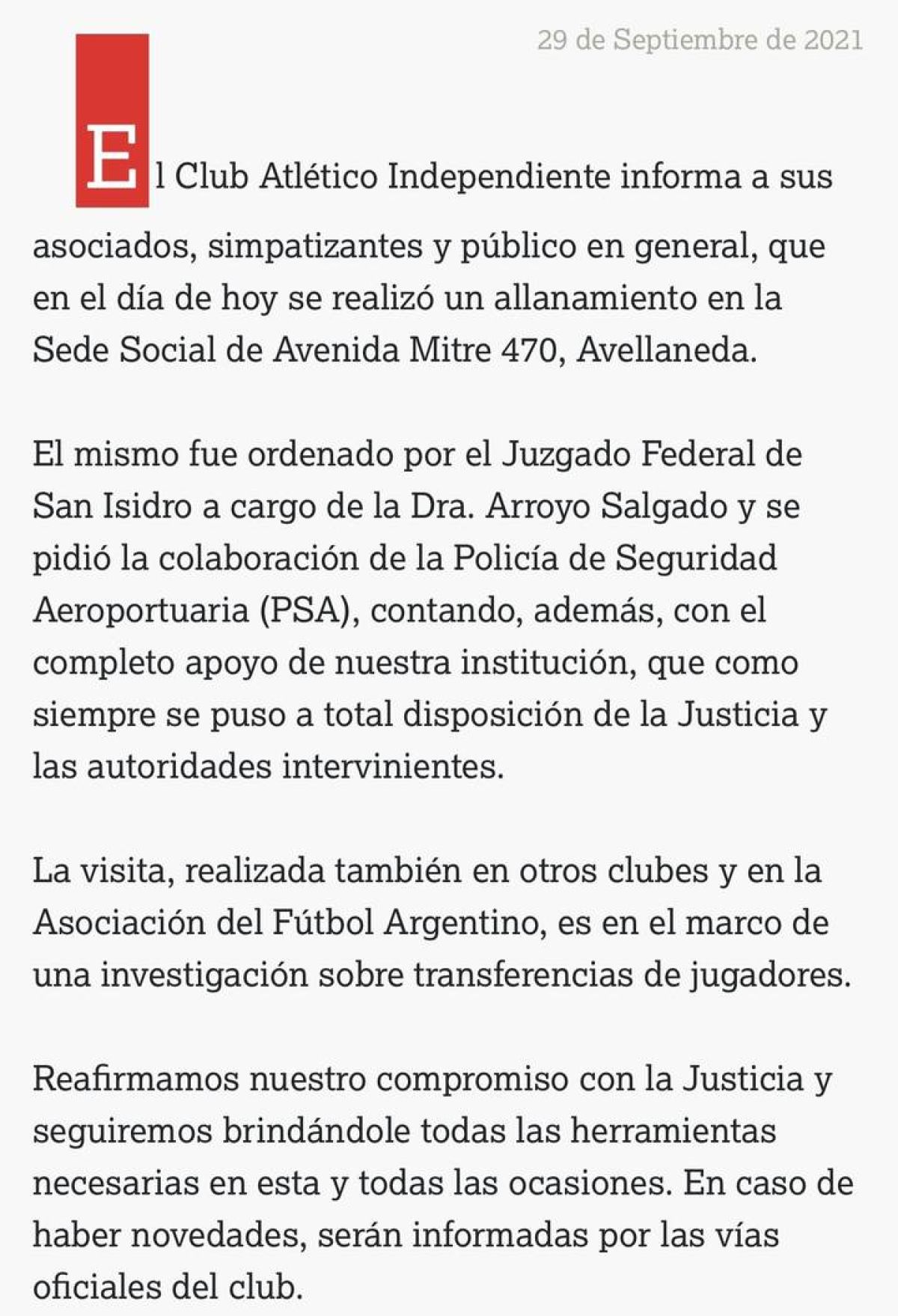 C. A. Independiente @Independiente Comunicado Oficial.