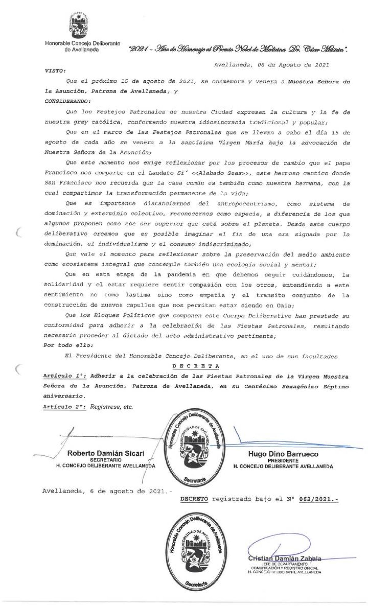 "FIESTAS PATRONALES DE #AVELLANEDA - #LANÚS" 2021 - "HONORABLE CONCEJO DELIBERANTE DE #AVELLANEDA" .-
