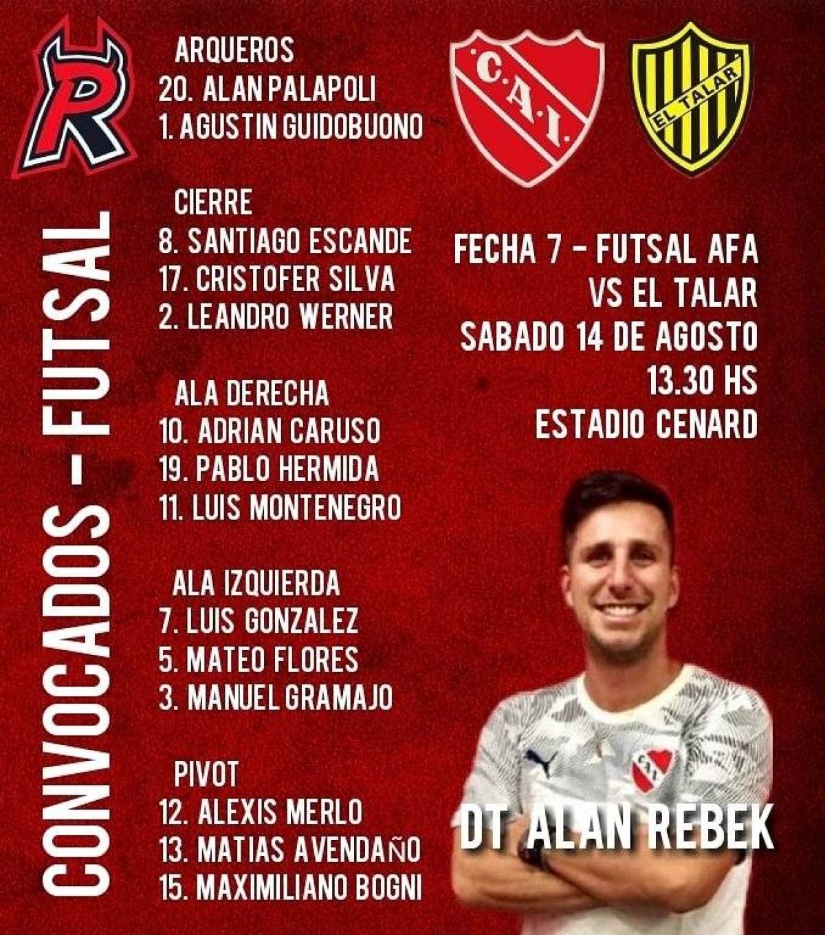 @PRojaOk #FutsalAfa Esta tarde, a partir de las 13.30 hs, el equipo de @alanrebek enfrentará a El Talar .