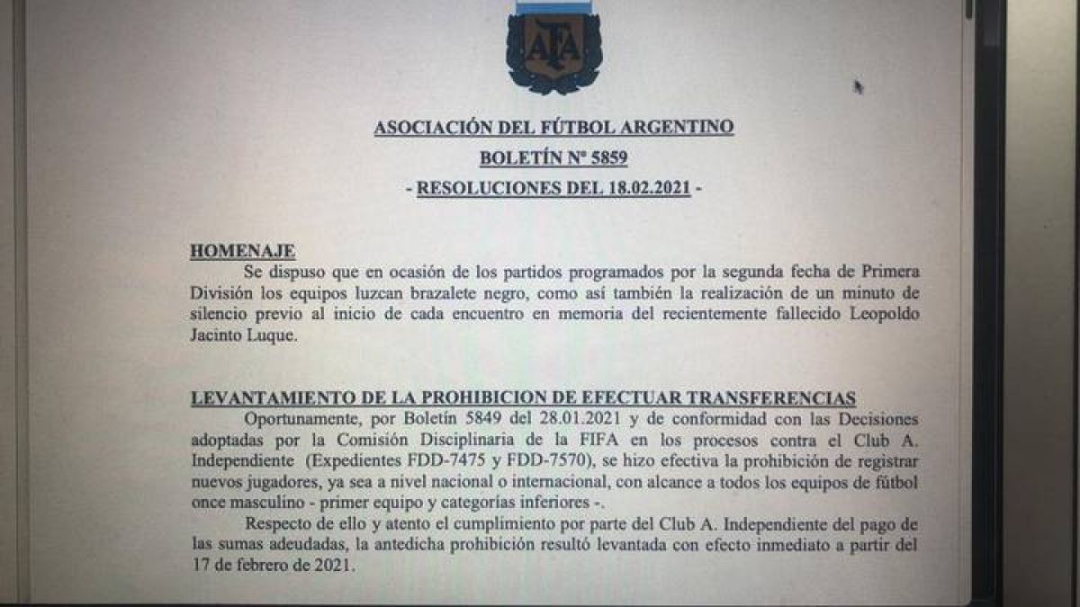 #Independiente levantó la inhibición.