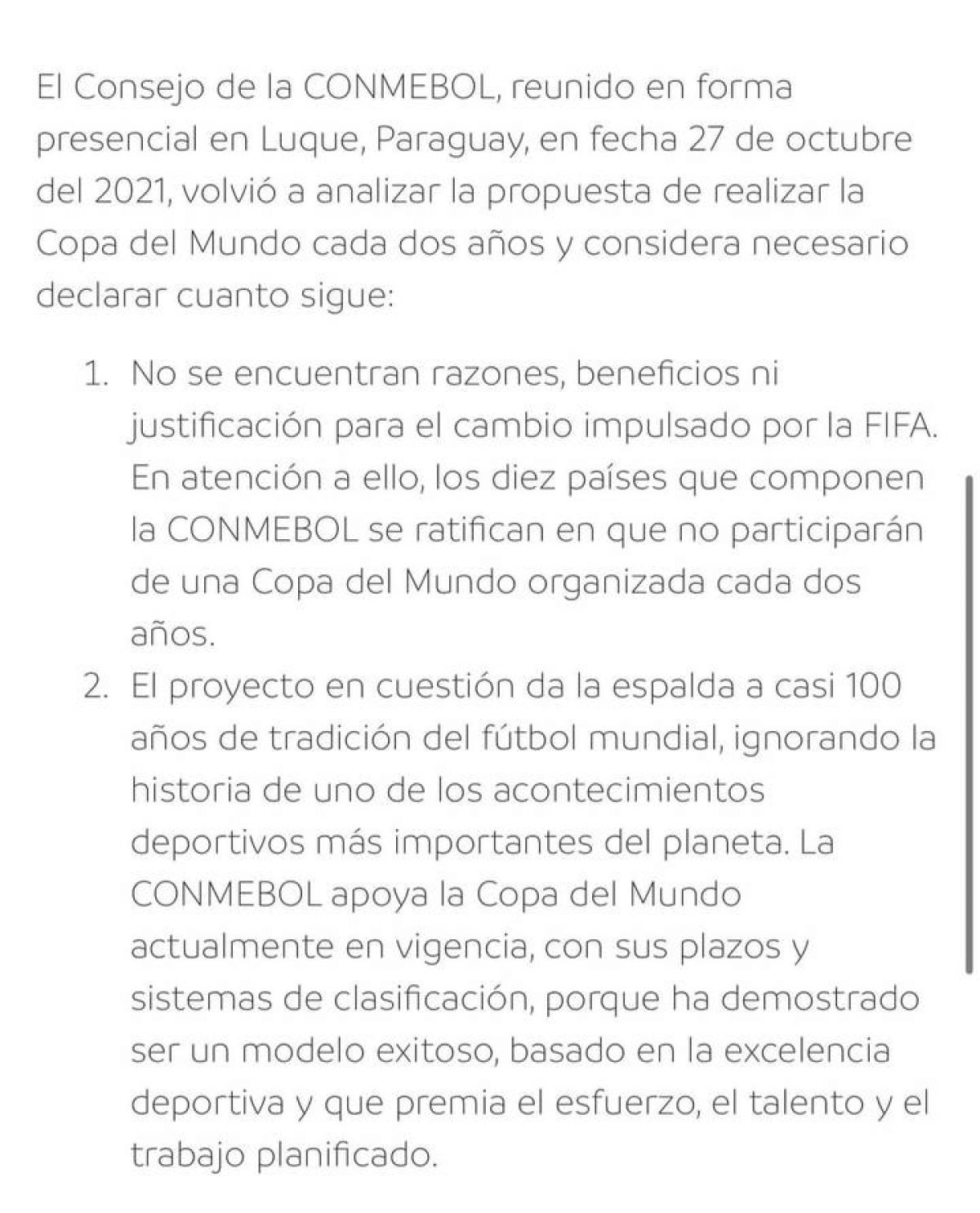 Gastón Edul @gastonedul CONMEBOL rechaza a los Mundiales cada 2 años.