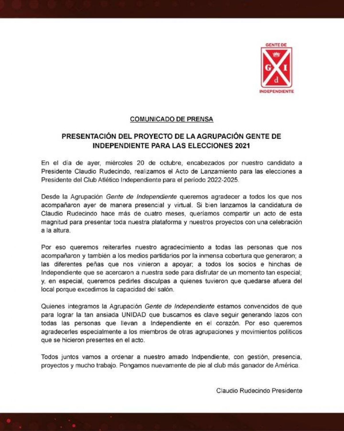 @GenteCai COMUNICADO DE PRENSA