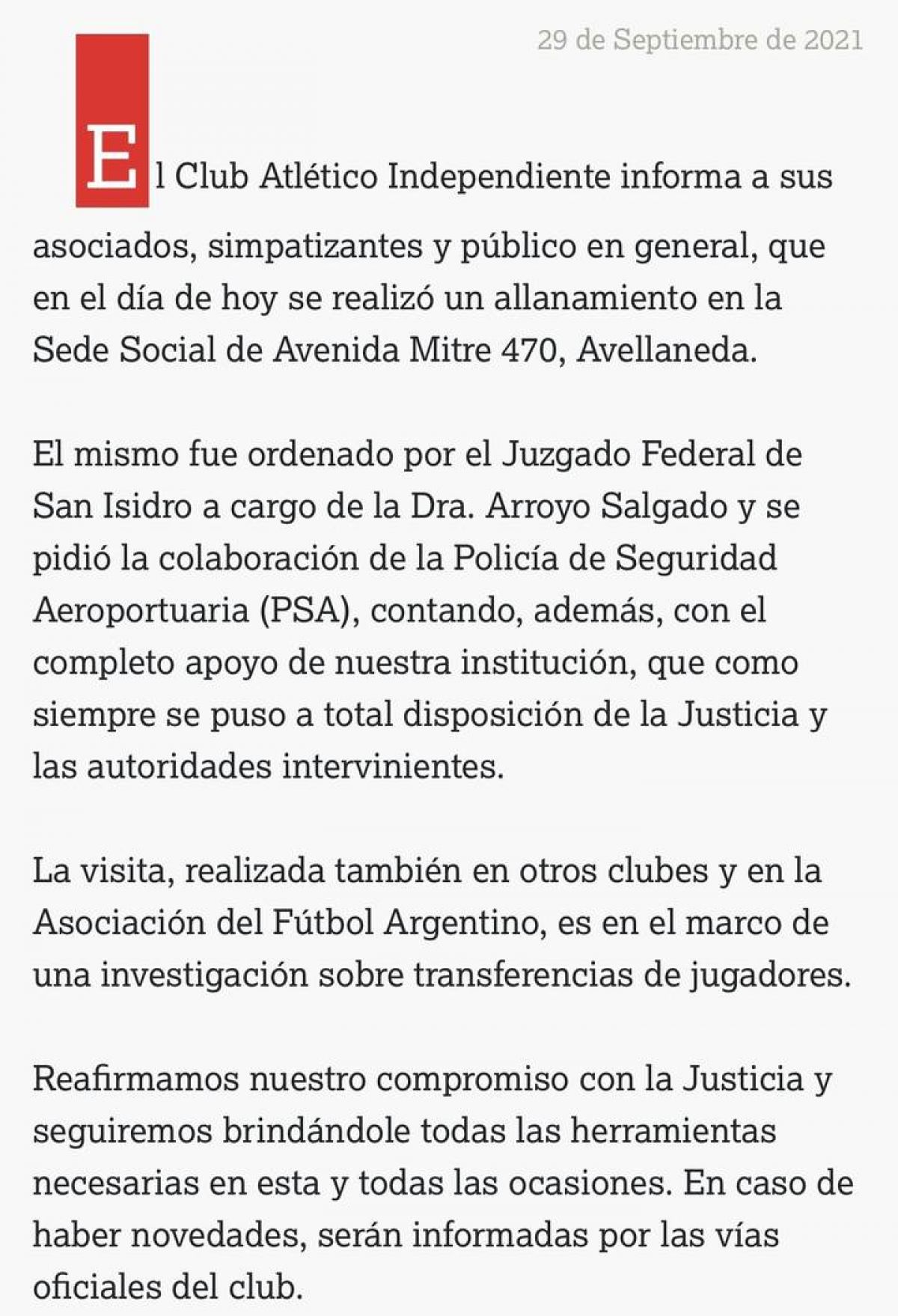 C. A. Independiente @Independiente Comunicado Oficial.