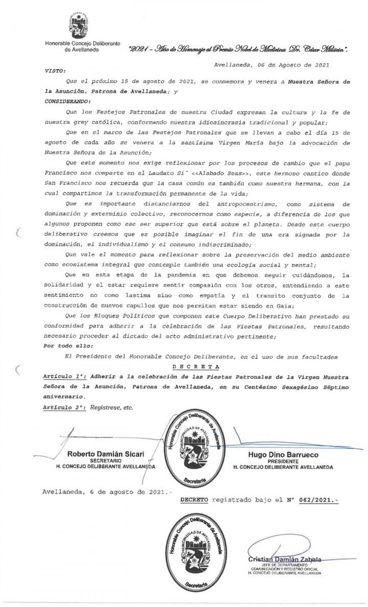 "FIESTAS PATRONALES DE #AVELLANEDA - #LANÚS" 2021 - "HONORABLE CONCEJO DELIBERANTE DE #AVELLANEDA" .-
