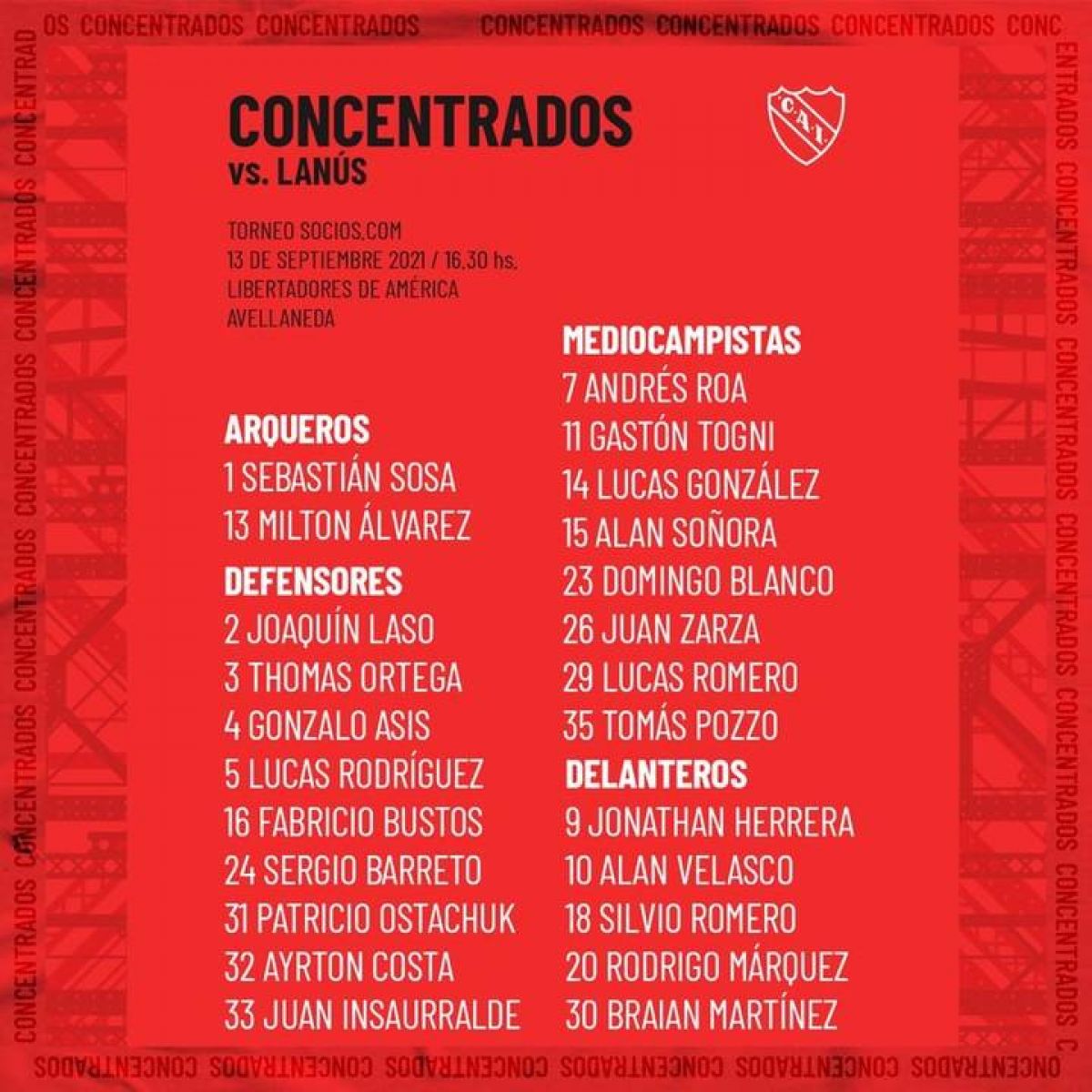 Lista de concentrados ante Lanús. #TodoRojo